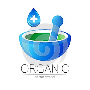 Alternative medical logo with mortar, pestle and blue cross in drop. Natural therapy sign for identity, concept