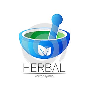 Alternative medical logo with mortar, pestle and leaves. Natural therapy sign for identity, concept, business, doctor