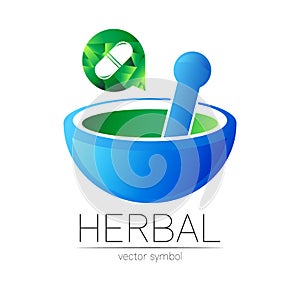Alternative medical logo with mortar, pestle and pill capsule. Natural therapy sign for identity, concept, business