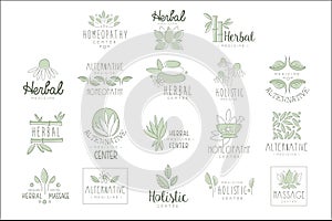 Alternative Medicine Center With Oriental Herbal Treatment And Holistic Massage Procedures Set OF Label Templates