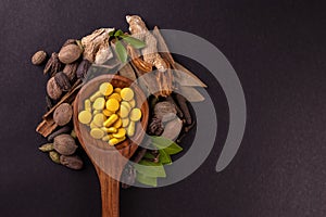 Alternative medicine concept. Close-up view of yellow herbal drugs in a wooden spoon and different spices on black background with