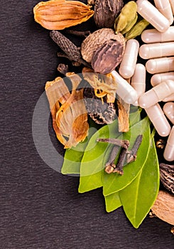 Alternative medicine concept. Herbal capsules on a black background with dry and green herbs