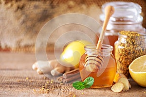 Alternative medicine concept. Ingredients for flu fighting natural hot drink. Copy space. Lemon, ginger, mint, honey, apple and