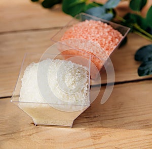 Alternative medicine.Cosmetic sea salt close-up. Salt crystals