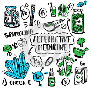 Alternative medicine doodle set. Sketch collection nutrition and biologically active additives. Homeopathy and vitamins