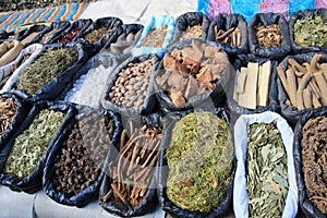 Alternative medicine fresh herbs and ingredients at indian market in Silvia, Colombia