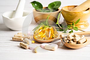 Alternative medicine herbal organic capsule drug with herbs leaf natural supplements for healthy good life