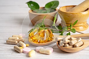 Alternative medicine herbal organic capsule drug with herbs leaf natural supplements for healthy good life