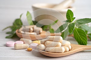 Alternative medicine herbal organic capsule drug with herbs leaf natural supplements for healthy good life