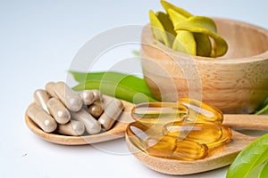 Alternative medicine herbal organic capsule, mineral, drug with herbs leaf natural supplements for healthy good life