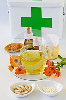 Alternative Medicine. Herbal therapy. Calendula products.