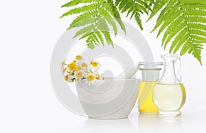 Natural medicine, herbs, mortar on white table background photo