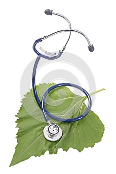 Alternative medicine herbs and stethoscope on leaf