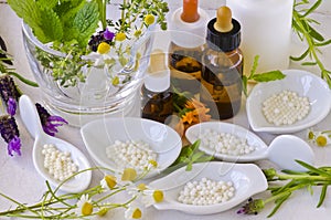 Alternative Medicine. Homeopathy. Homeopathic globules and essen photo