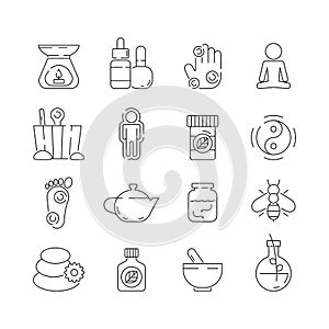 Alternative medicine icon. Beauty complementary naturopath herbal therapy relaxation meditation vector thin symbols