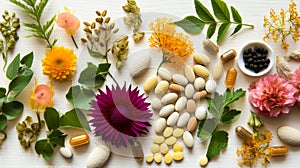 Alternative Medicine Layout Pills Botanicals and Blossoms on Tabletop