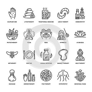 Alternative medicine line icons. Naturopathy, traditional treatment, homeopathy, osteopathy, herbal fish and leech