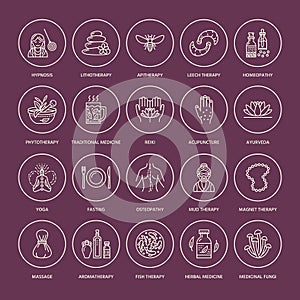 Alternative medicine line icons. Naturopathy, traditional treatment, homeopathy, osteopathy, herbal fish and leech