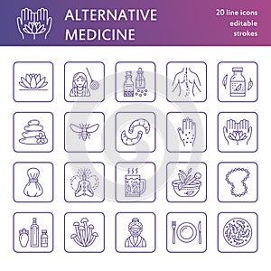 Alternative medicine line icons. Naturopathy, traditional treatment, homeopathy, osteopathy, herbal fish and leech photo