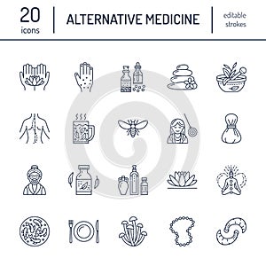 Alternative medicine line icons. Naturopathy, traditional treatment, homeopathy, osteopathy, herbal fish and leech photo