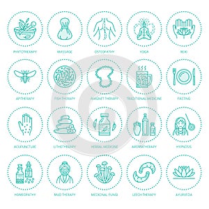 Alternative medicine line icons. Naturopathy, traditional treatment, homeopathy, osteopathy, herbal fish and leech photo