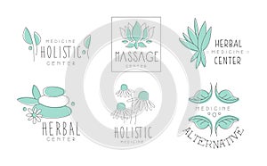 Alternative medicine logo design set, herbal, massage, holistic center hand drawn vector Illustrations on a white