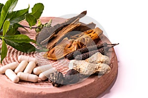 Alternative medicine system of Ayurveda with cinnamon, cloves, cardamom, javitri and green tulsi leaf in a red plate on white