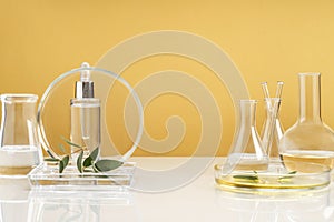 Alternative natural medicine and glassware, flasks and petri bowl. Alternative medicine herbs. Natural beauty skin care