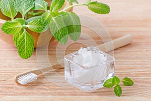 Alternative natural toothpaste coconut oil and wood toothbrush closeup, mint on wooden