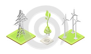 Alternative power sources set. Wind electricity and high voltage electricity transmission grid. Green clean energy