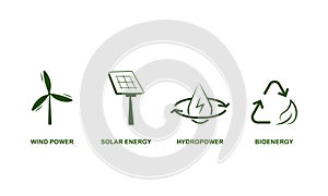 alternative renewable energy sources green vector icons, sustainable energy eco icon set, wind power, solar energy