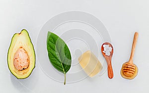Alternative skin care and scrub fresh avocado , leaves ,sea sa