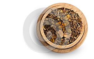 Alternative Thai herbel ingredents  for massage and spa on wooden bowl  on white with clipping path,dried herb