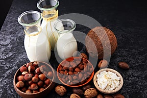 Alternative types of milks. Vegan substitute dairy milk.