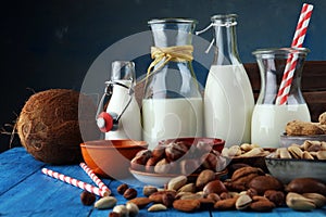 Alternative types of milks. Vegan substitute dairy milk with nut