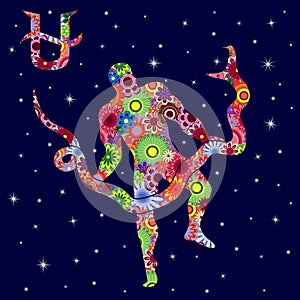 Alternative Zodiac sign Ophiuchus with flowers fill over starry