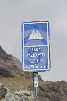 Altitud sign at the top of Salkantay mountain in Peru photo