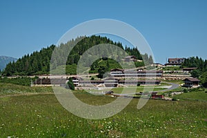 Landscape of the biathlon center from the Fundata Resort at Cheile Gradistei with Piatra Craiului Mountains in the background.