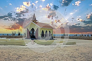 Alto Vista Chapel on Aruba island at sunset