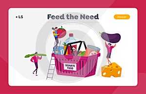 Altruism and Charity Landing Page Template. Volunteer Characters Working at Food Donation Center Sharing Products