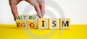 Altruism or egoism symbol. Businessman turns wooden cubes and changes the word `egoism` to `altruism`. Beautiful white backgro