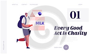 Altruistic Behavior, Togetherness and Philanthropy Website Landing Page. Male Character Carry Huge Milk Box