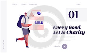 Altruistic Behavior, Togetherness and Philanthropy Website Landing Page. Male Character Carry Huge Milk Box photo
