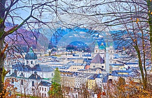 Altstadt district from the park on Monchsberg hill in Salzburg, Austria