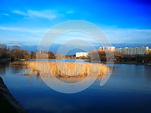 Altufievo pond in sunset park background