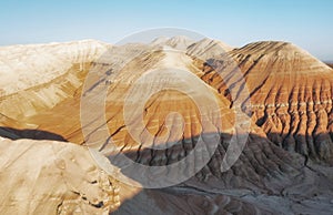 Altyn Emel national park in Kazakhstan. White flacky Mountains Aktau view from above