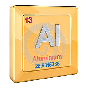 Aluminium Al, chemical element sign with number 13 in periodic table. 3D rendering