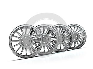 Aluminum wheel image 3D high quality rendering. White picture figured alloy rim for car, tracks. Best used for Motor Show