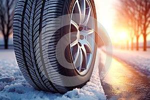 Aluminium alloy or steel auto wheel on the road. Close-up of a car wheel with a rubber tire for winter weather. Generative AI