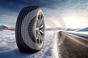 Aluminium alloy or steel auto wheel on the road. Close-up of a car wheel with a rubber tire for winter weather. Generative AI